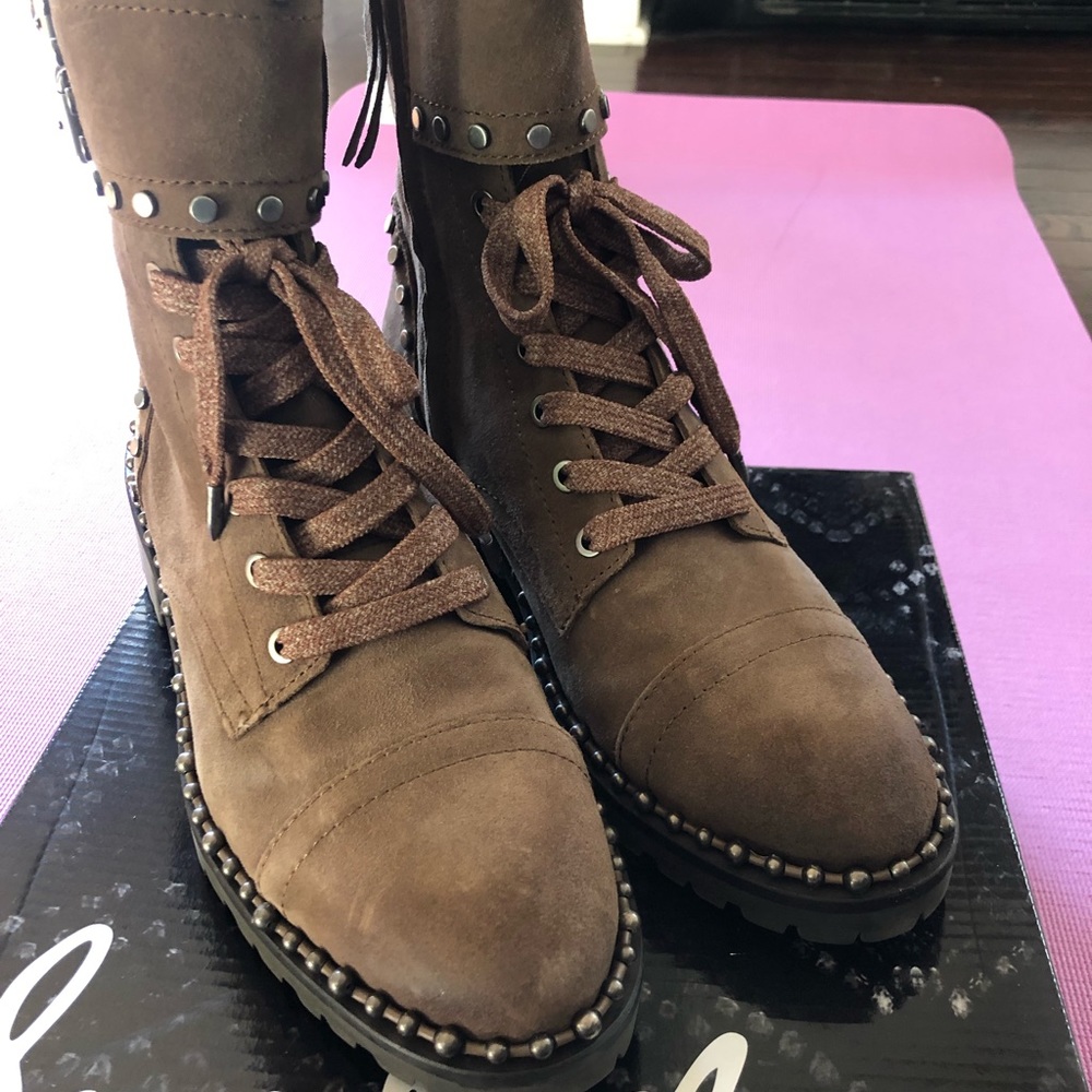 Jennifer Studded DK Taupe Suede combat boots